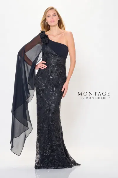 Montage M920 Long Formal Cape Sleeve Evening Dress In Black
