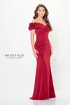 Montage Mtm915 Pleated Long Formal Beaded Evening Dress In Burgundy