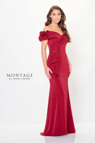 Montage Mtm915 Pleated Long Formal Beaded Evening Dress In Burgundy