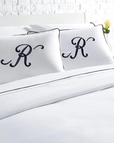 Montague & Capulet 400 Thread Count Glam Cotton Monogrammed Duvet Set With Navy Piped Edge Accent In White