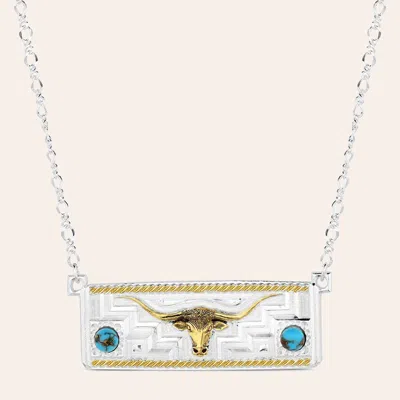 Montana Silversmiths Longhorn Trails Silver & Gold Engraved Turquoise Stone Necklace In Metallic