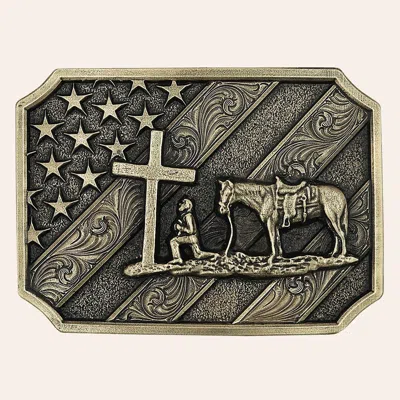 Montana Silversmiths Men's Brass Plate Patriot Christian Cowboy Attitude Belt Buckle In Gold