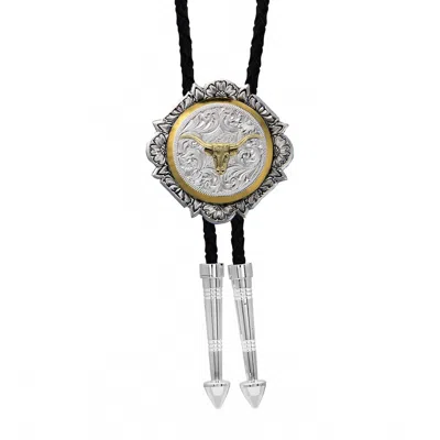 Montana Silversmiths Silver And Gold Engraved Button Bolo Tie In Black