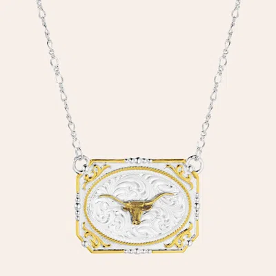 Montana Silversmiths Silver & Gold Western Longhorn Buckle Necklace In Orange