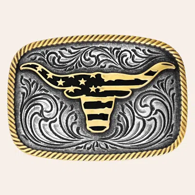 Montana Silversmiths Silver & Gold Western Patriotic Longhorn Belt Buckle In Black
