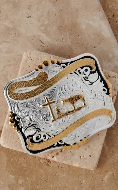 Montana Silversmiths Silver Swirl Golden Cowboy & Cross Belt Buckle In Brown