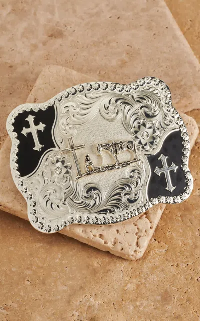 Montana Silversmiths Silver With Black Praying Cowboy Scalloped Rectangle Belt Buckle In Metallic