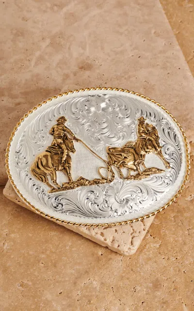 Montana Silversmiths Silver With Gold Team Roping Center Gold Rope Edge Belt Buckle In Pattern