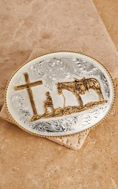 Montana Silversmiths Two-toned Christian Cowboy Oval Belt Buckle In Metallic