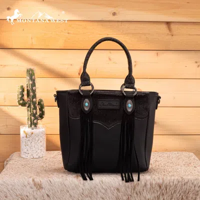 Montana West Hair-on Hide Concealed Carry Tote Bag With Tooled Strap In Black