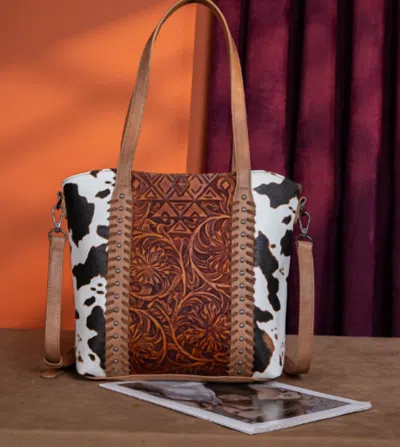 Montana West Women's Tooled Collection Concealed Carry Tote Crossbody Bag In Cow Print /brown