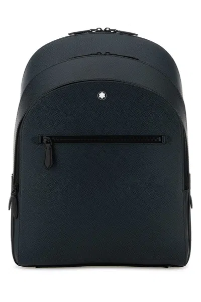 Montblanc Blue Leather Medium Backpack In Black