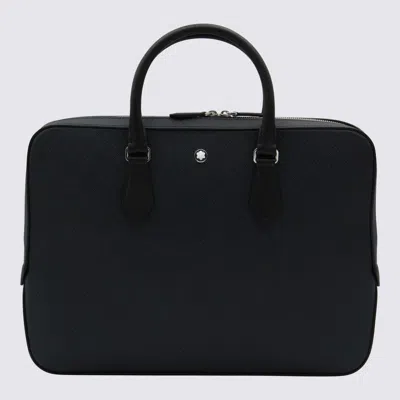 Montblanc Dark Blue Leather Top Handle Bag In Black