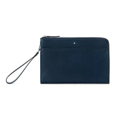 Pre-owned Montblanc Genuine Sartorial Leather Clutch Pouch Hand Bag Purse Wallet For Men In Blue