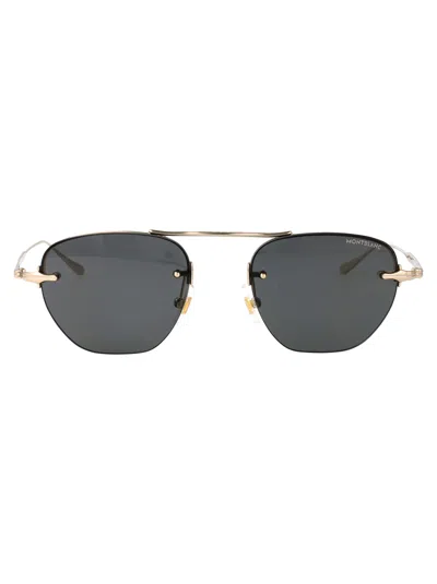 Montblanc Gold-gold-grey Metal Sunglasses In Blue