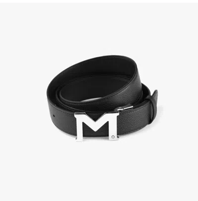 Pre-owned Montblanc M Buckle Black 35mm Reversible Leather Belt For Men Palladium-coated