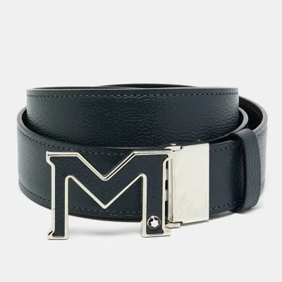 Pre-owned Montblanc M Cut To Size Reversible Buckle Belt Navy Blue/black Leather