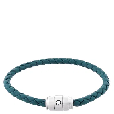 Montblanc Meisterstuck Steel & Cyprus Blue Leather Bracelet In ["blue"]
