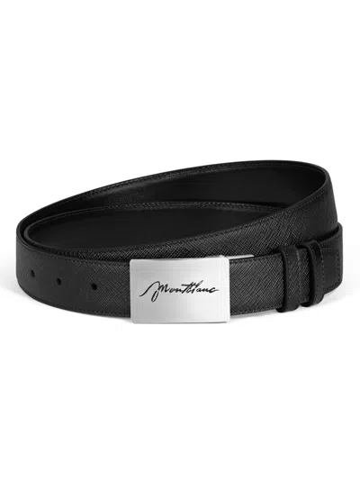 Montblanc Men's Cursive-logo Buckle-plate Reversible Leather Belt In Black