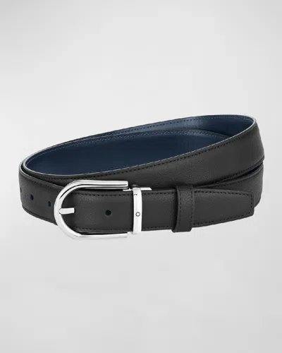 Montblanc Horseshoe Shiny Stainless Steel Buckle Reversible Belt In Black Blue