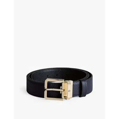 Montblanc Ens  Logo-engraved Reversible Leather Belt In Night Blue/black