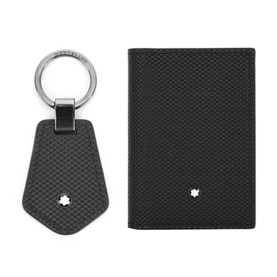 Pre-owned Montblanc Natural Leather Bifold Card Wallet Purse + Key Ring Gift Set For Men In Black
