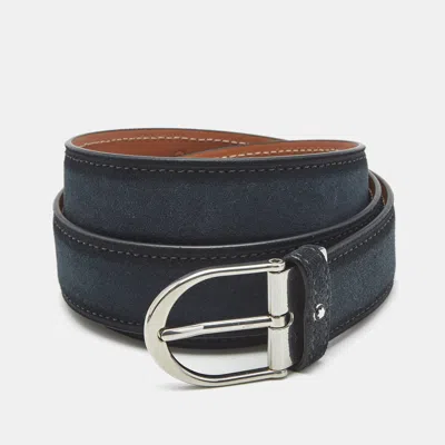 Pre-owned Montblanc Ombre Navy Blue Suede Horseshoe Buckle Cut To Size Belt