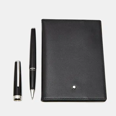 Pre-owned Montblanc Resin Leather Silver Tone Passport Cover And Pen Set