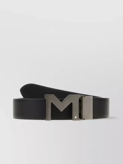 Montblanc Reversible Leather Belt Adjustable Length Metal Buckle In Black