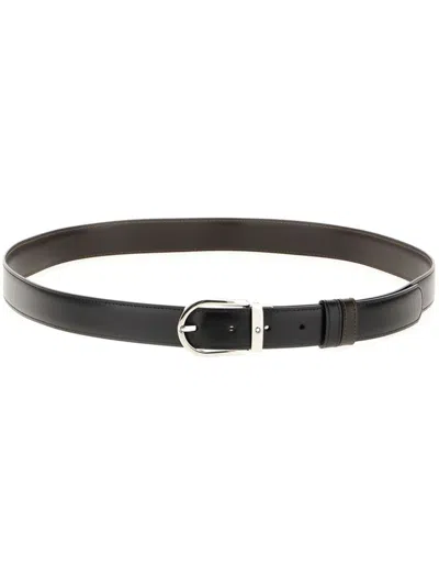 Montblanc Horseshoe Shiny Palladium Finish Pin Buckle Belt In Black