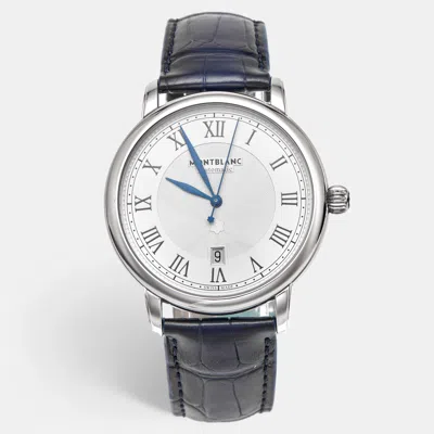 Pre-owned Montblanc Star Legacy 131209 Silver Dial Stainless Steel Alligator Leather Men's Wristwatch 42 Mm In Blue
