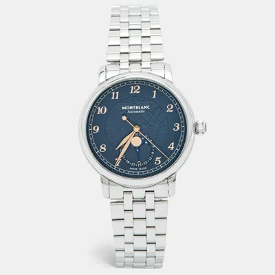 Pre-owned Montblanc Star Legacy Moonphase M129631 Blue Dial Stainless Steel Men's Wristwatch 42 Mm In Silver
