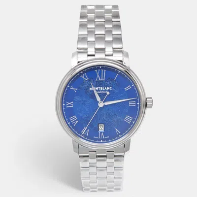 Pre-owned Montblanc Tradition Mb131275 Blue Dial Stainless Steel Men's Wristwatch 40 Mm In Silver