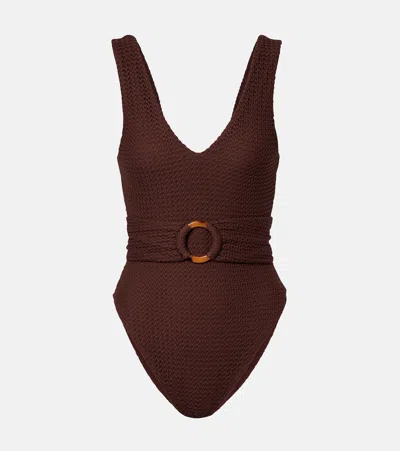 Montce Kim Belted Crochet Swimsuit In Brown
