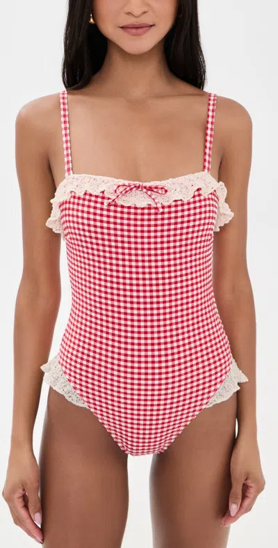 Montce Micro Gingham Jacelyn Ruffle One Piece Red Micro Gingham