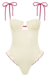 Montce Petal Ruffle Tie Strap One-piece Swimsuit In Cream Raspberry Binded