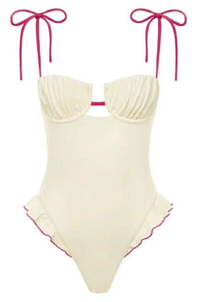 Montce Petal Ruffle Tie Strap One-piece Swimsuit In Cream Raspberry Binded