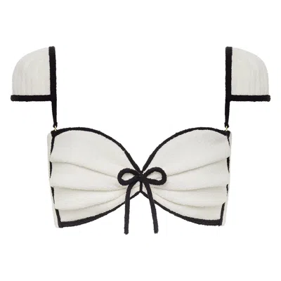 Montce Swim Women's White Cream Black Binded Terry Rib Cabana Bows Bikini Top