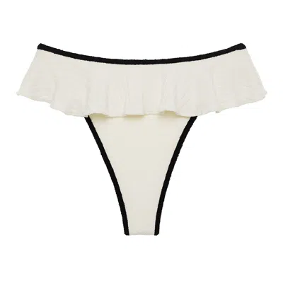 Montce Swim Women's White Cream Black Binded Terry Rib Tamarindo Ruffle Bikini Bottom