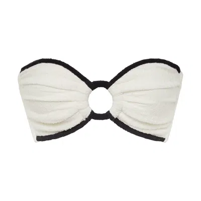 Montce Swim Women's White Cream Black Binded Terry Rib Tori Ties Bandeau Bikini Top