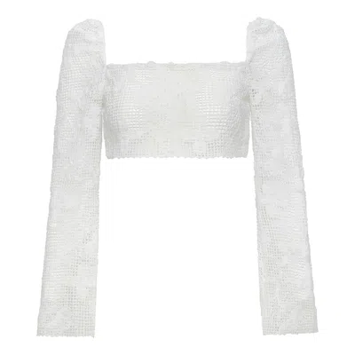 Montce Swim Women's White Margarita Floral Lace Long Sleeve Crop Top