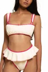 Montce Tamarindo Ruffle Bikini Bottom In Cream Raspberry Binded In White