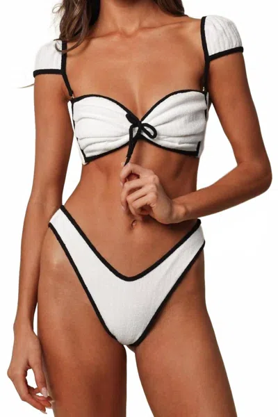 Montce Terry Rib Thong Bikini Bottom In Cream Black Binded In White
