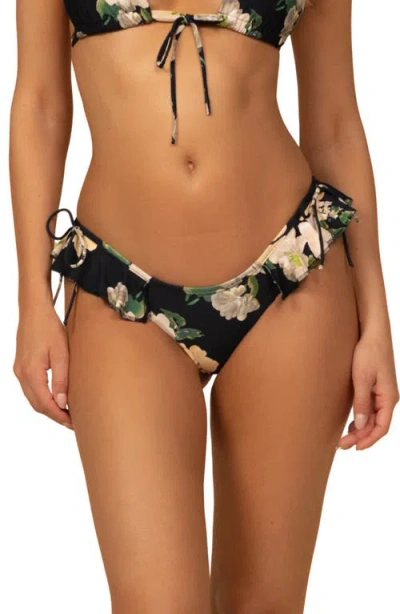 Montce Uno Floral Ruffle Detail Bikini Bottoms In Black