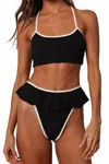 Montce Women's Tamarindo Ruffle Bikini Bottom In Black Cream Binded Terry Rib In Black