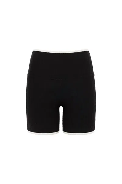 Montce Women's Terry Rib Midi Bike Short In Black Cream Binded Terry Rib