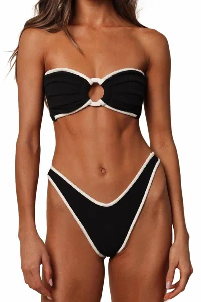 Montce Women's Terry Rib Thong Bikini Bottom In Black Cream Binded