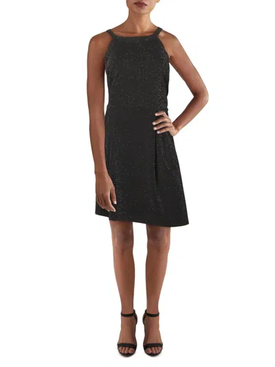 Monteau Womens Pintuck Metallic Halter Dress In Black