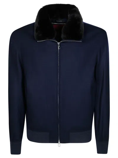 Montecore Blue Wool-blend Plush Fur Collar Jacket In Black