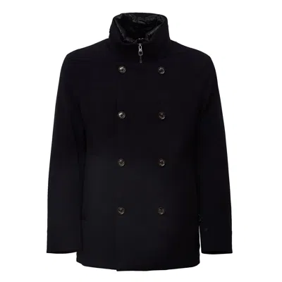 Montecore Double-breasted Peacoat With Two-way Zip And Logo Buttons In Blue